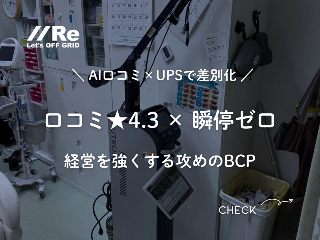 診療室の医療機器と「AI口コミ×UPSで差別化／口コミ★4.3×瞬停ゼロ」の文字が入った、クリニック口コミ停電対策の記事サムネイル