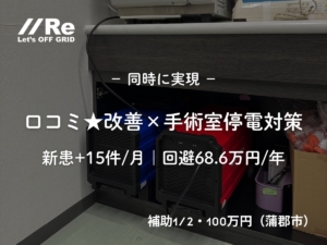 名古屋と蒲郡のクリニック向け。口コミ改善と停電対策を同時に実現。新患+15件/月、回避68.6万円/年。補助は蒲郡市のみ1/2・上限100万円。