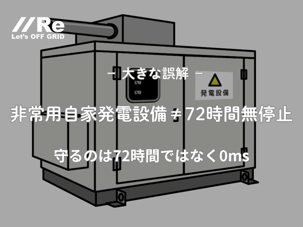 大きな誤解「非常用自家発電設備は72時間無停止を前提にできない」。守るのは72時間ではなく0ms。