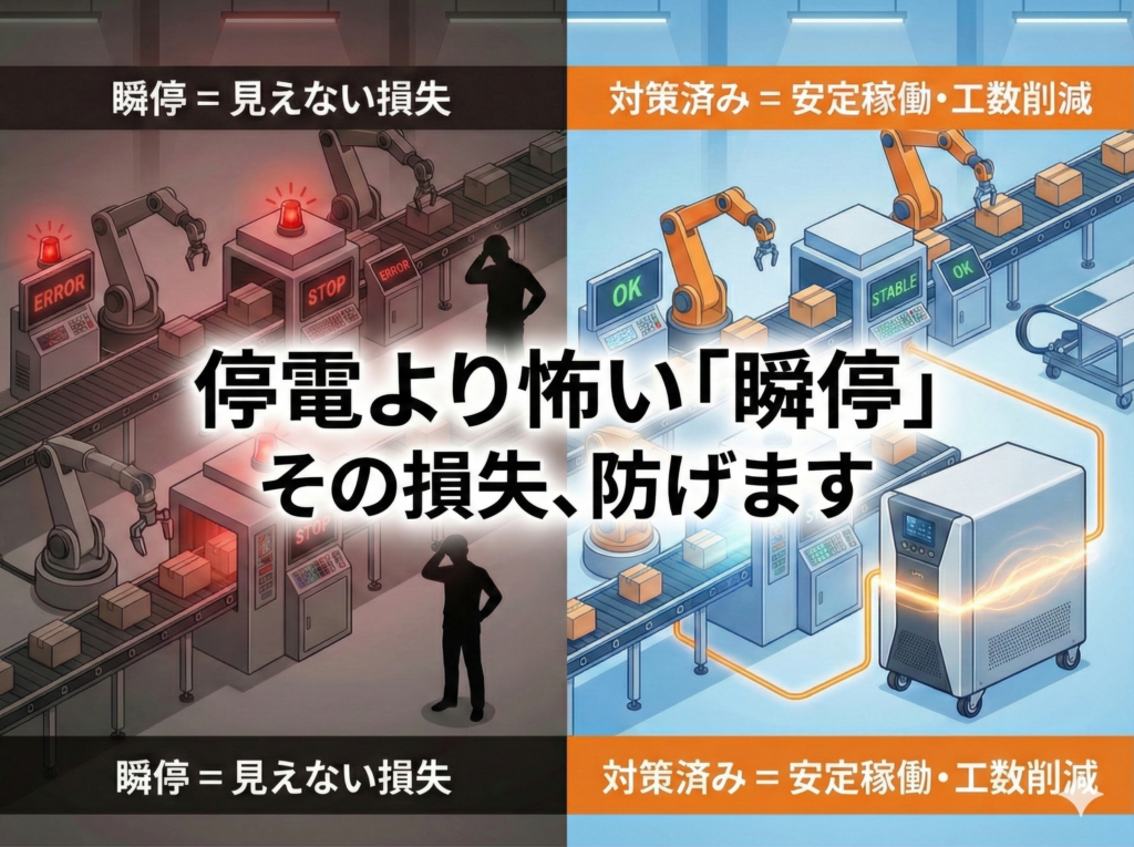 工場・物流設備の瞬停対策と無瞬停電源装置（UPS）のイメージ