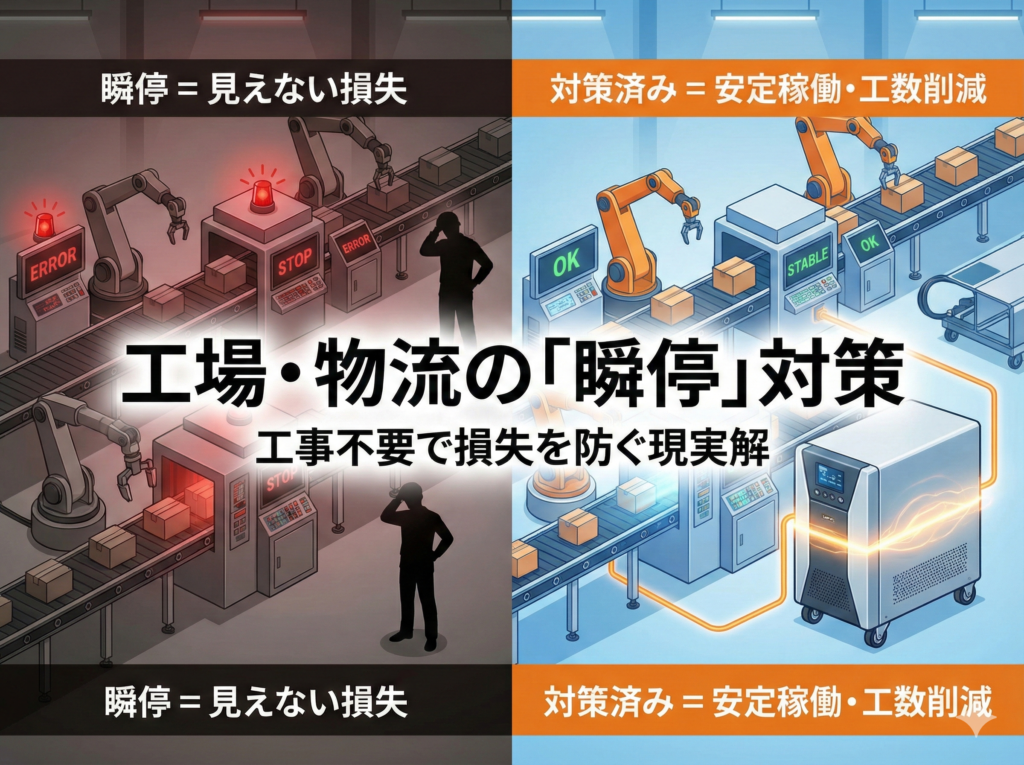工場・物流設備の瞬停対策と無瞬停電源装置（UPS）のイメージ